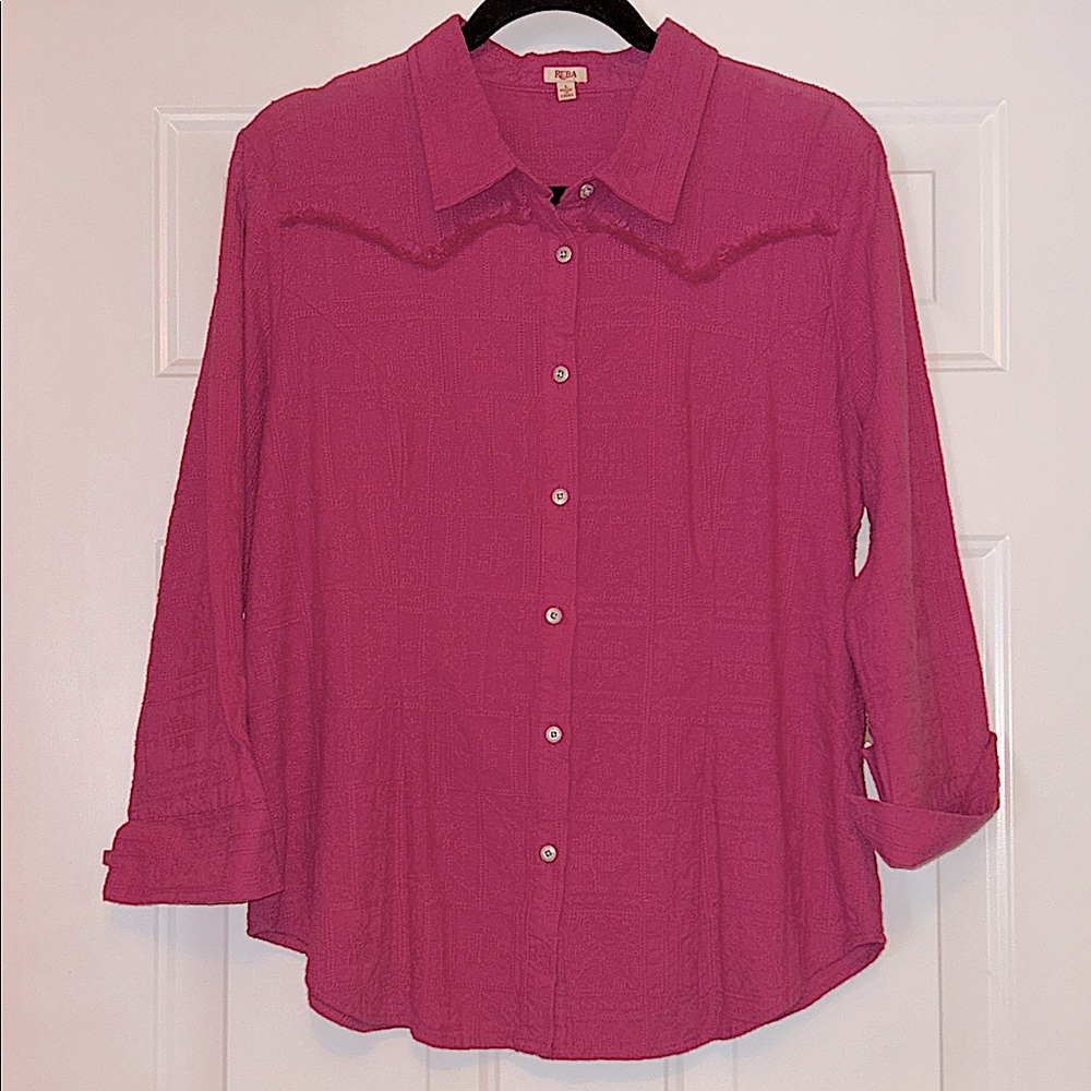 Reba Lucia Western Fringe Top Shirt L NWT Pink Button-Up Coastal Cowgirl Barbie